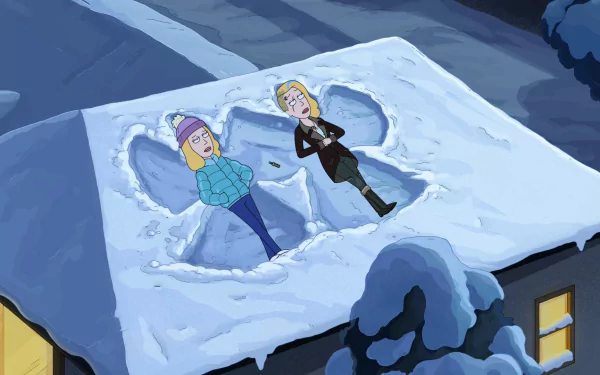 HD desktop wallpaper featuring Beth Smith and another character from the TV show Rick and Morty lying in the snow making angel shapes on a rooftop at night.