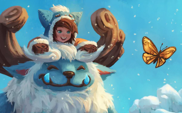 HD PC desktop wallpaper featuring Nunu riding Willump from the video game League of Legends, set against a bright, snowy sky with a butterfly nearby.