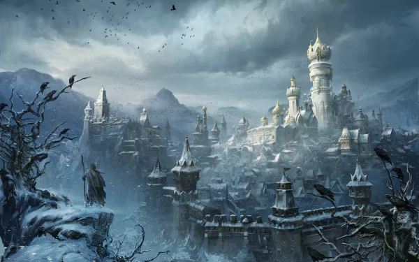 2K Quad HD PC desktop wallpaper of Total War: Warhammer III — a frozen, snowbound gothic fortress carved into crags under stormy skies, ravens circling icy battlements.