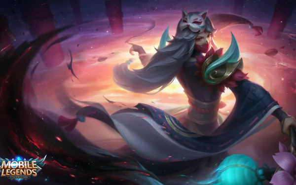 HD PC desktop wallpaper/background of the video game Mobile Legends: Bang Bang: a masked, robed hero with glowing teal armor conjuring swirling purple-pink magic.