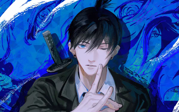 Aki Hayakawa from Chainsaw Man in a dynamic blue-themed 4K Ultra HD anime wallpaper, featuring his signature sword and intense expression.