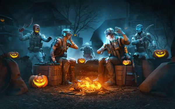 Playerunknown's Battlegrounds Halloween gaming 4K Ultra HD PC wallpaper: armed survivors gathered around a campfire, glowing jack-o'-lanterns and fog under a moonlit, eerie battleground.