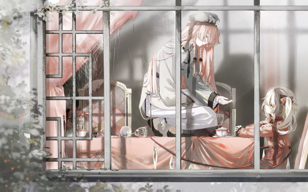 4K Ultra HD PC desktop wallpaper of Touhou anime: Hong Meiling and Flandre Scarlet in a melancholic room, Hong at the bedside, soft muted palette with window grid foreground.