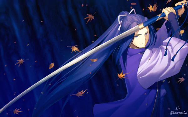 Assassin (Fate/stay night) in flowing purple robes, long hair and raised katana amid falling maple leaves on a deep blue 2K Quad HD anime desktop wallpaper.