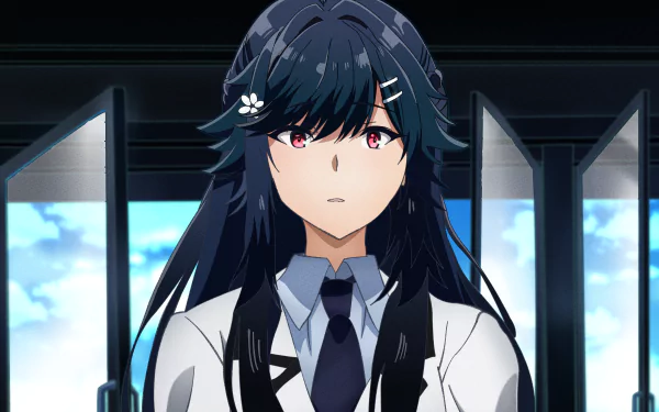 Anime character from The Eminence in Shadow with long dark hair and red eyes, set against a futuristic backdrop, in 4K Ultra HD PC desktop wallpaper quality.