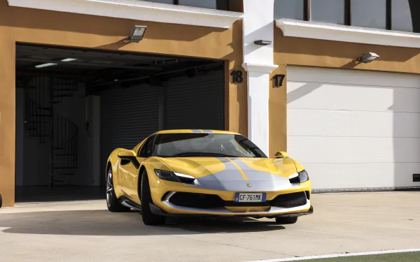 Yellow Ferrari 296 GTB with a silver racing stripe parked in front of modern garage doors — 8K Ultra HD PC desktop wallpaper/background.