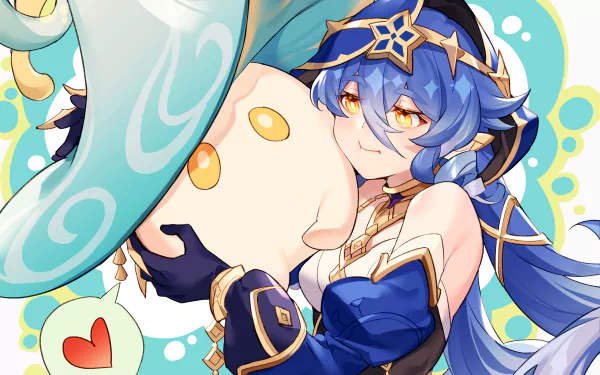 HD PC desktop wallpaper featuring Layla from the video game Genshin Impact, showcasing her vibrant blue outfit and a large, whimsical hat.