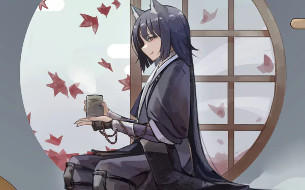 HD PC desktop wallpaper featuring Saga from the video game Arknights, depicted sitting calmly with autumn leaves falling against a traditional window backdrop.