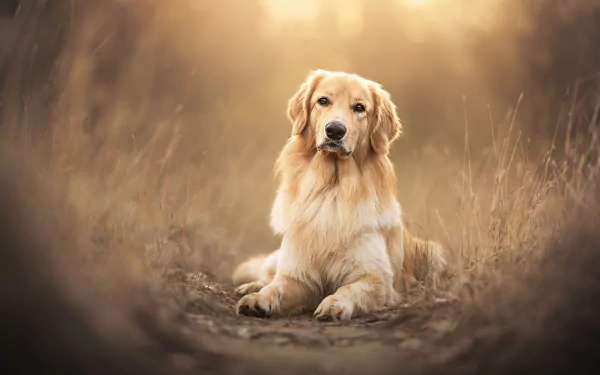 Golden retriever lying in a sunlit meadow with warm golden bokeh, rendered as a 5K Ultra HD PC desktop wallpaper and background.