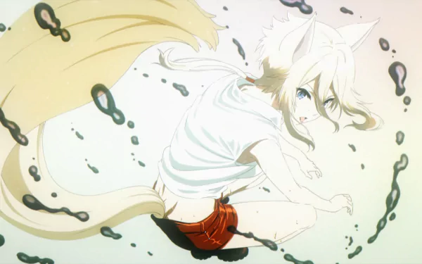 Zeta (The Eminence in Shadow) — white‑haired, fox‑eared anime character curled amid drifting black ink swirls, tail flowing; vibrant HD PC desktop wallpaper/background.