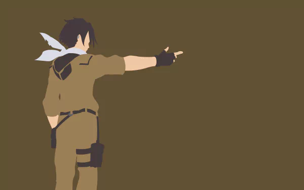 Minimalist 4K Ultra HD PC wallpaper of Shinei Nouzen (Eighty Six) seen from behind in a military uniform and scarf, pointing right against a muted brown background.