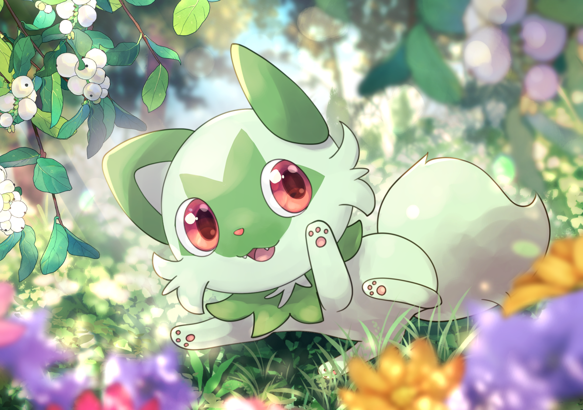 HD PC desktop wallpaper featuring Sprigatito from the video game Pokémon: Scarlet and Violet, surrounded by vibrant flowers and soft sunlight.
