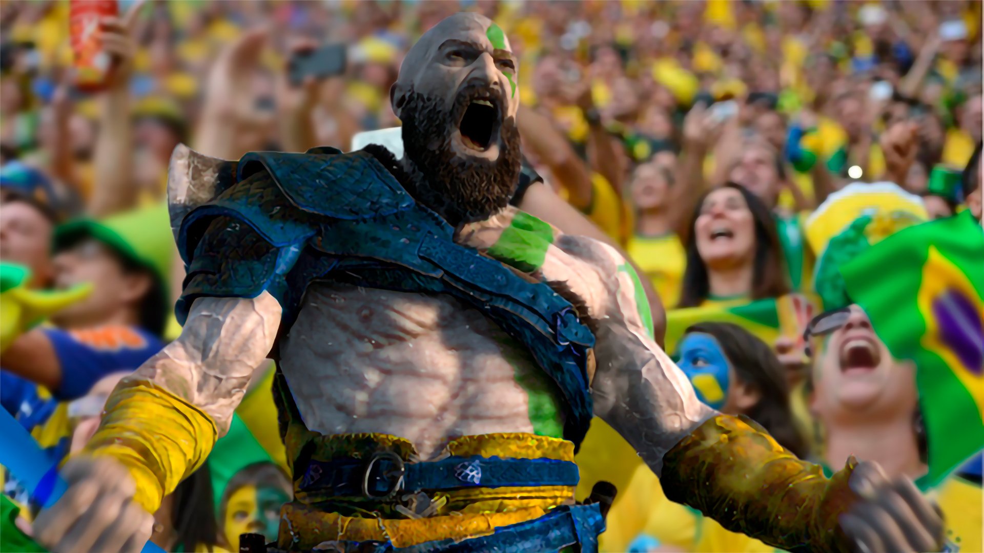 HD PC desktop wallpaper featuring Kratos from God of War amidst a cheering crowd painted in Brazil’s national colors.