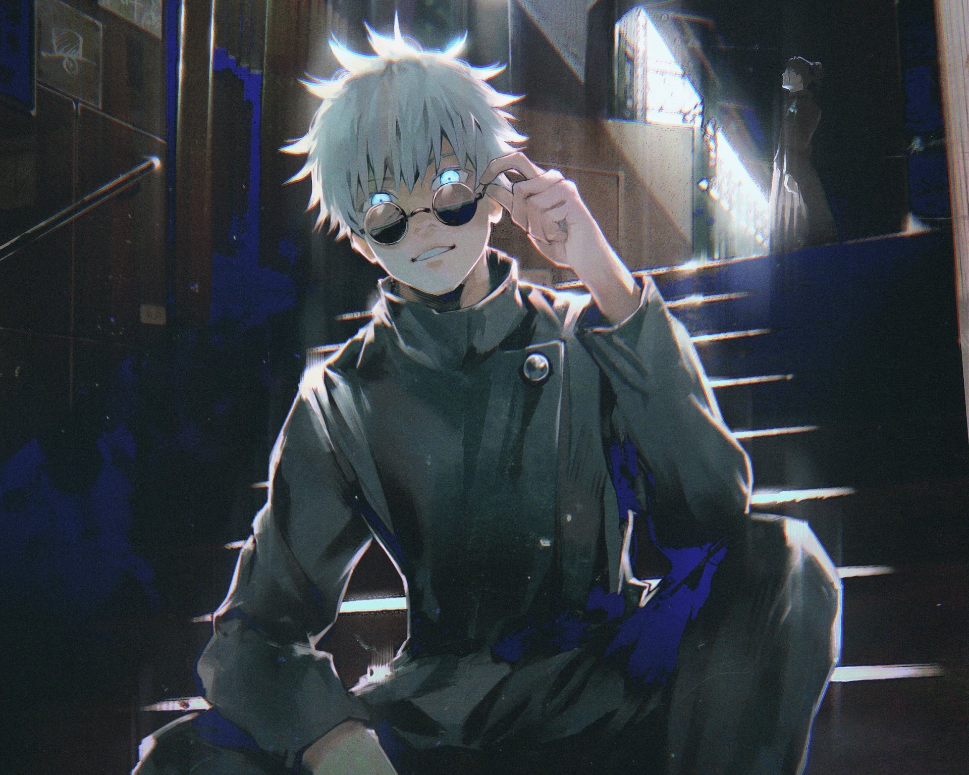HD PC desktop wallpaper of Satoru Gojo (Jujutsu Kaisen): anime-style figure in dark outfit and sunglasses, seated on stairs under dramatic, moody lighting.
