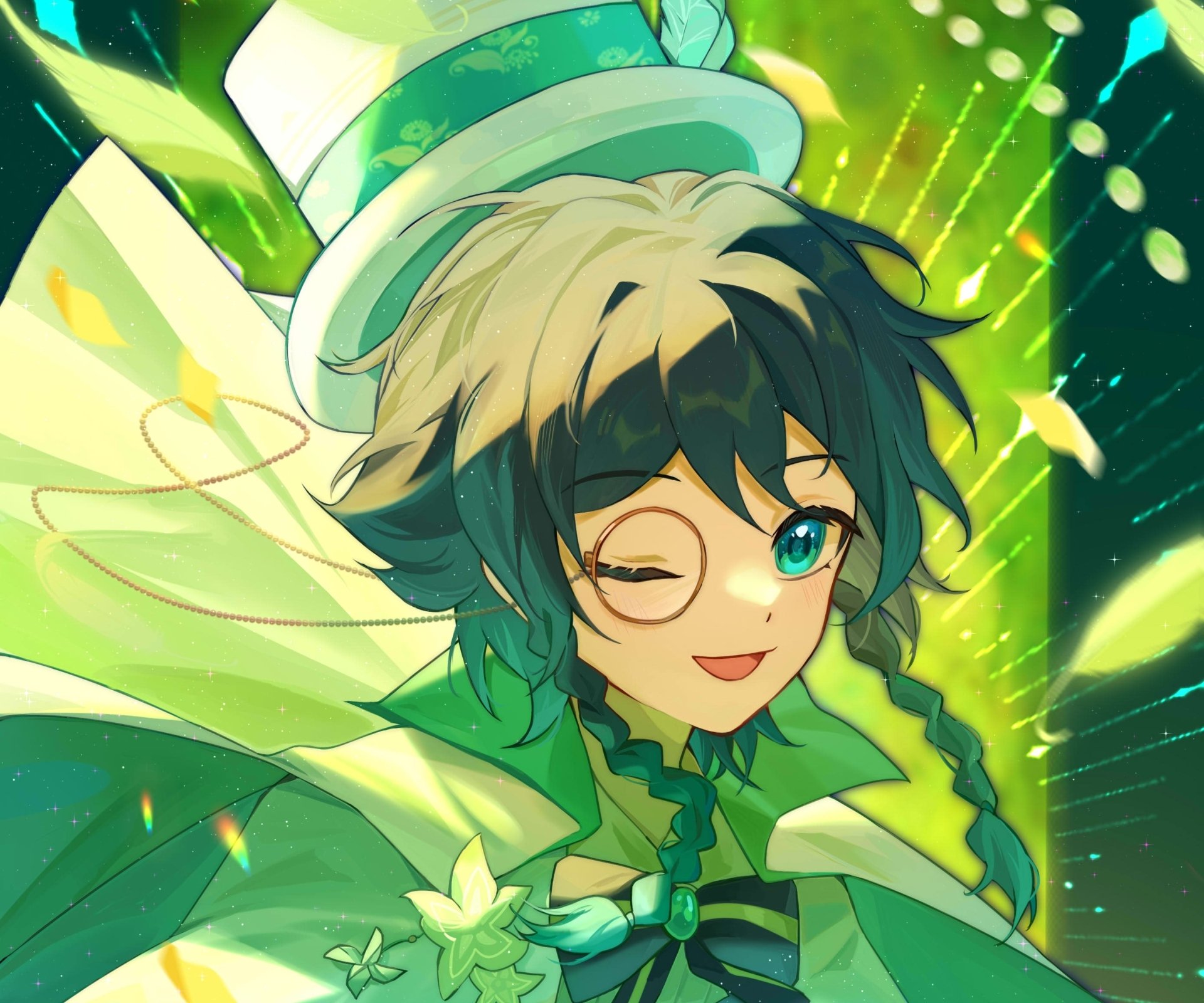 HD PC desktop wallpaper featuring Venti from the video game Genshin Impact, capturing his playful expression and vibrant green-themed design.
