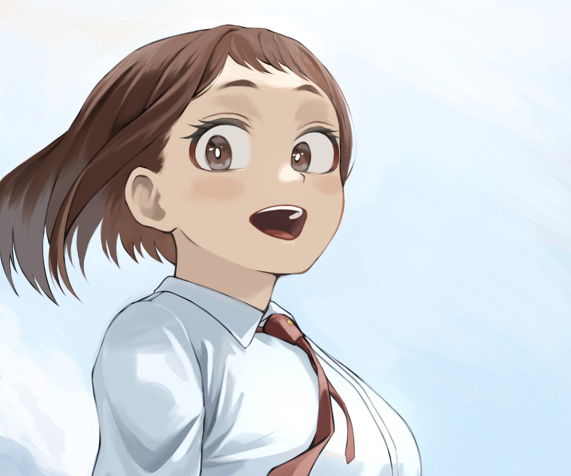 HD PC desktop wallpaper of Ochako Uraraka from My Hero Academia — anime portrait of her smiling, hair blowing against a soft blue sky background.