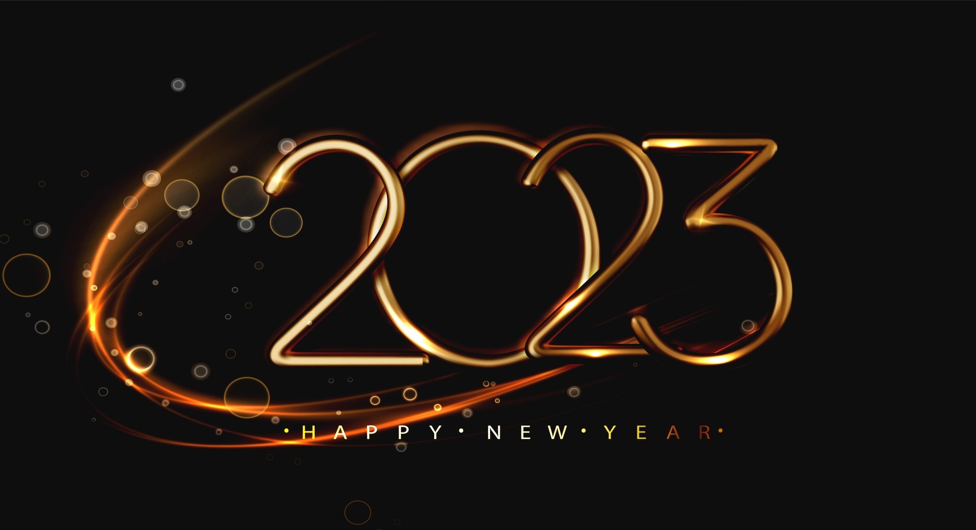 8K Ultra HD PC desktop wallpaper background for the holiday New Year 2023: glowing golden 2023 with light trails and Happy New Year on a dark backdrop.