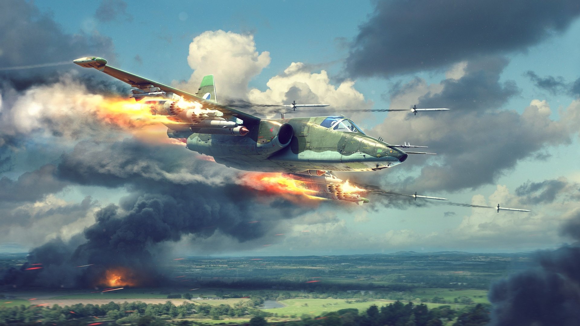A Sukhoi Su-25 aircraft soars over a dramatic landscape, trailing flames and smoke, captured in vibrant 4K Ultra HD detail for an impactful desktop wallpaper.
