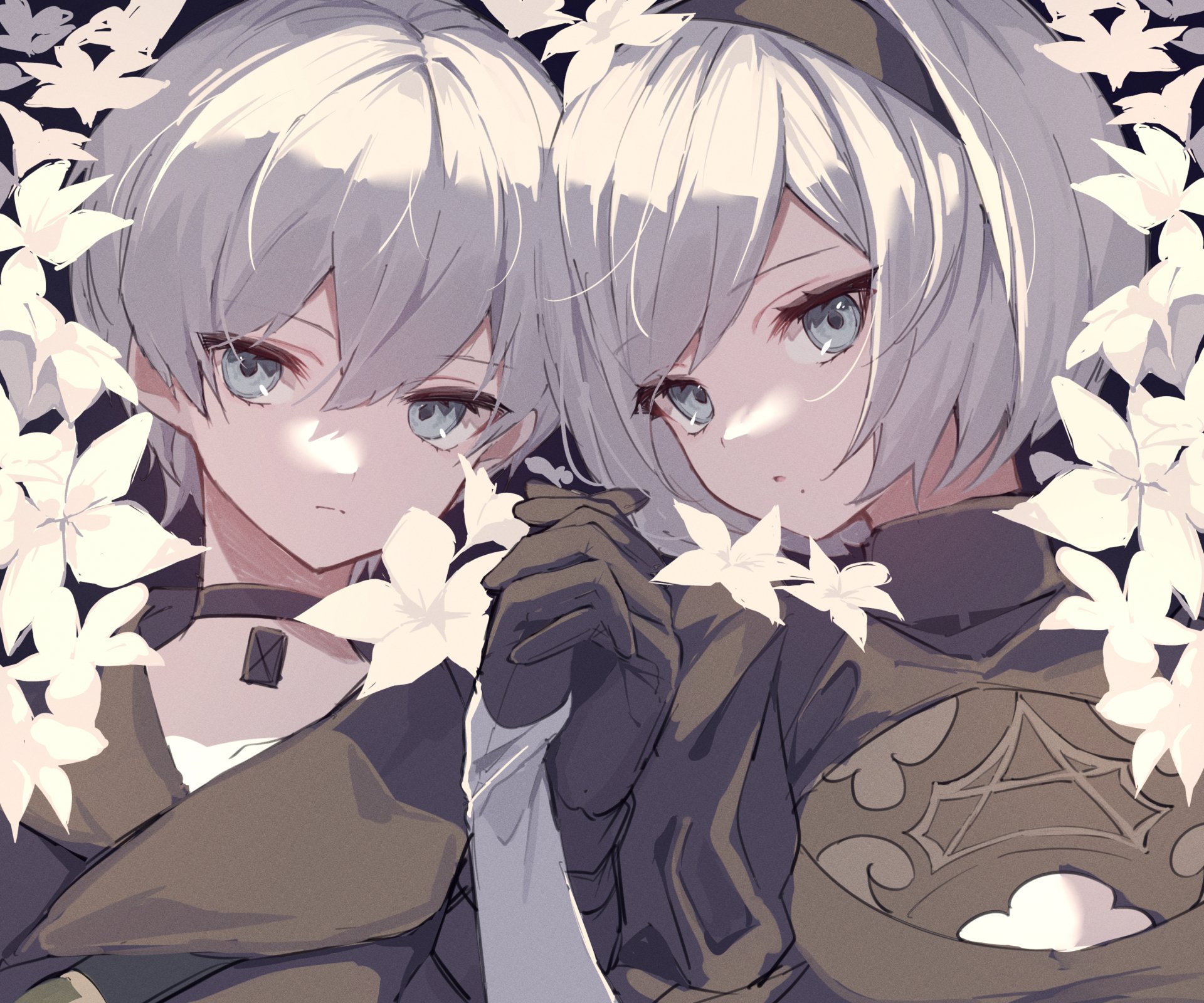 2K Quad HD desktop wallpaper of NieR: Automata's YoRHa No.2 Type B (2B) and YoRHa No.9 Type S (9S) close together, holding hands amid white flowers, soft pastel tones.