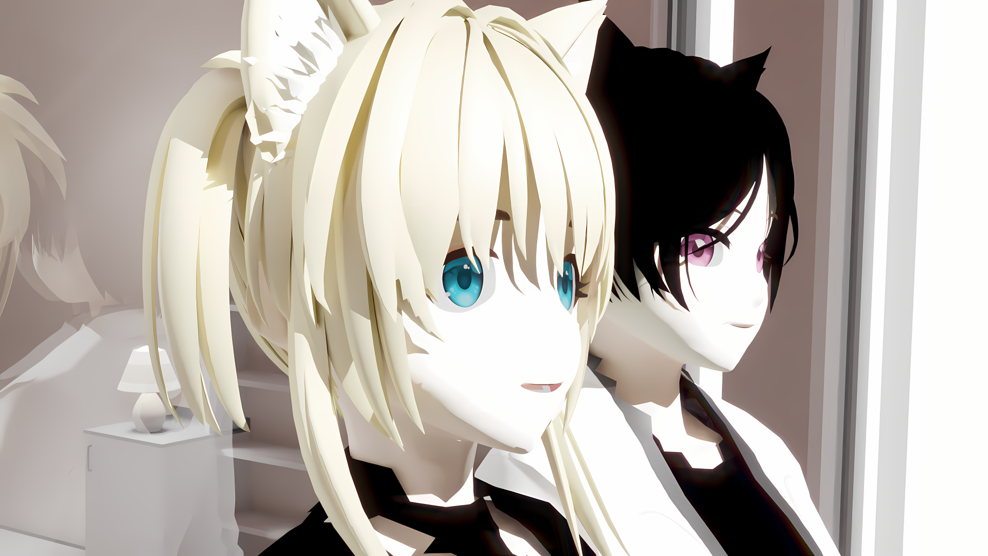 Anime 8K Ultra HD PC desktop wallpaper showing two cat-eared anime girls — a blonde with teal-blue eye and a black-haired girl with violet eye — standing in a minimalist white room.