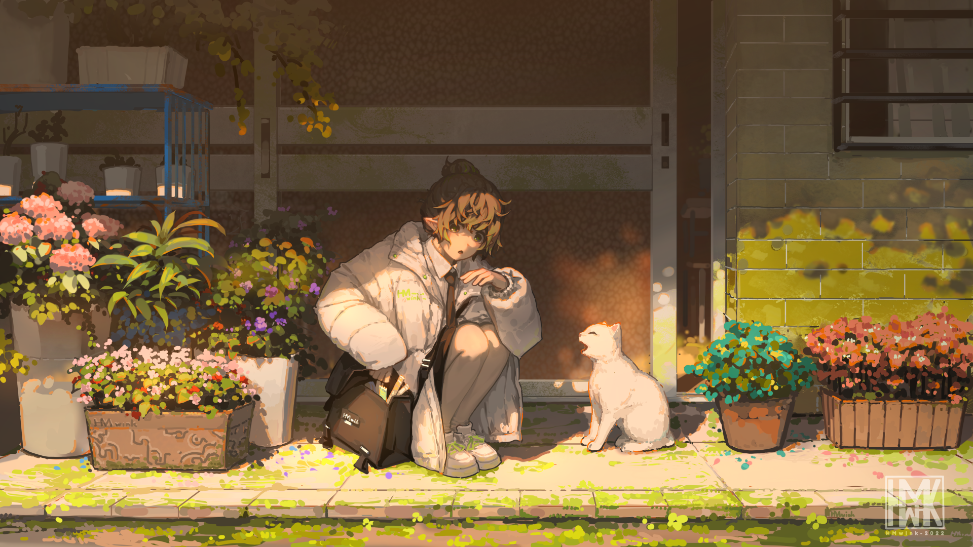 Anime-style 4K Ultra HD desktop wallpaper featuring a girl crouching and interacting with a white cat surrounded by vibrant flowers on a sunny porch.