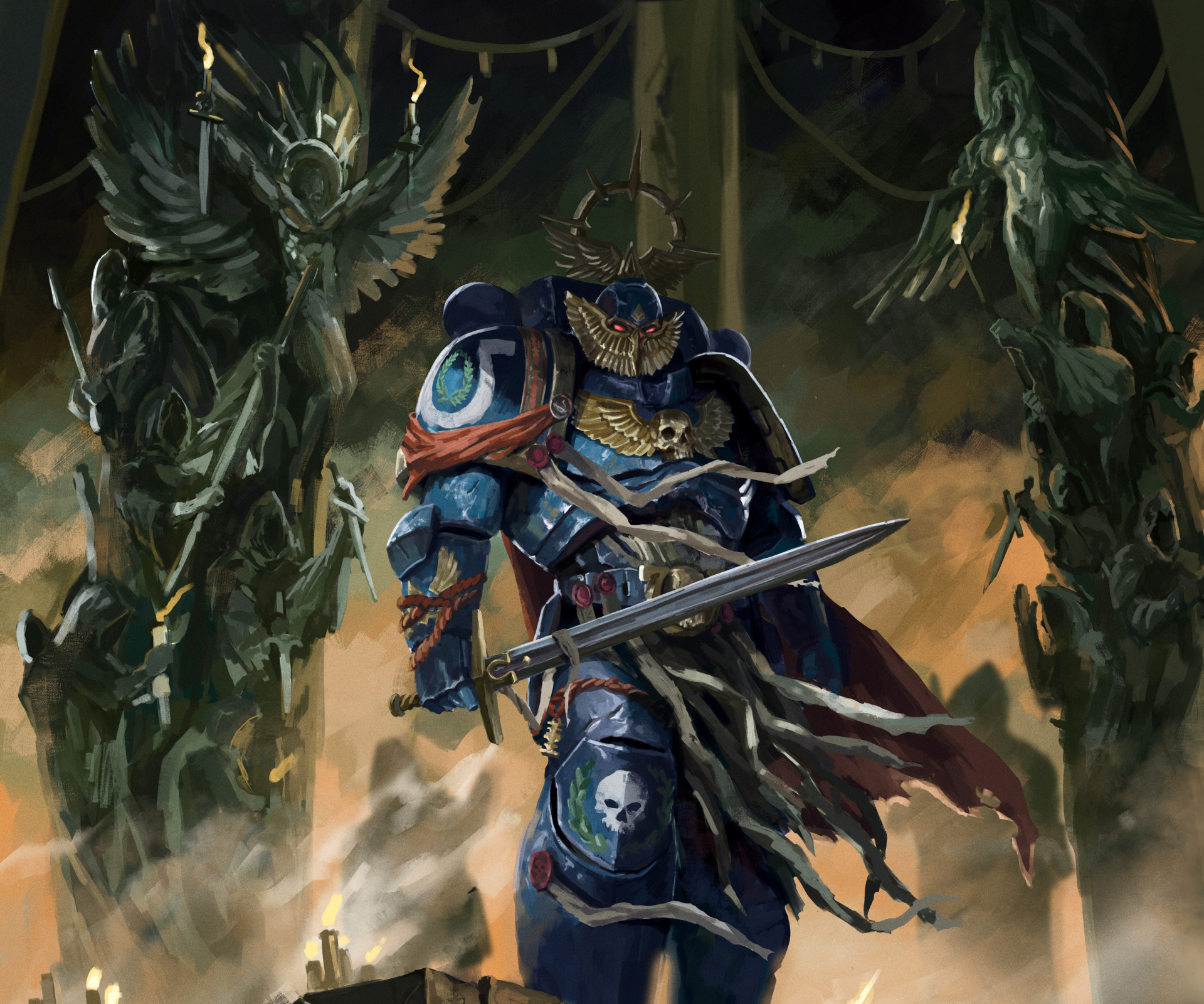 HD PC desktop wallpaper featuring a Warhammer 40k video game character wielding a sword amidst dark, atmospheric surroundings.