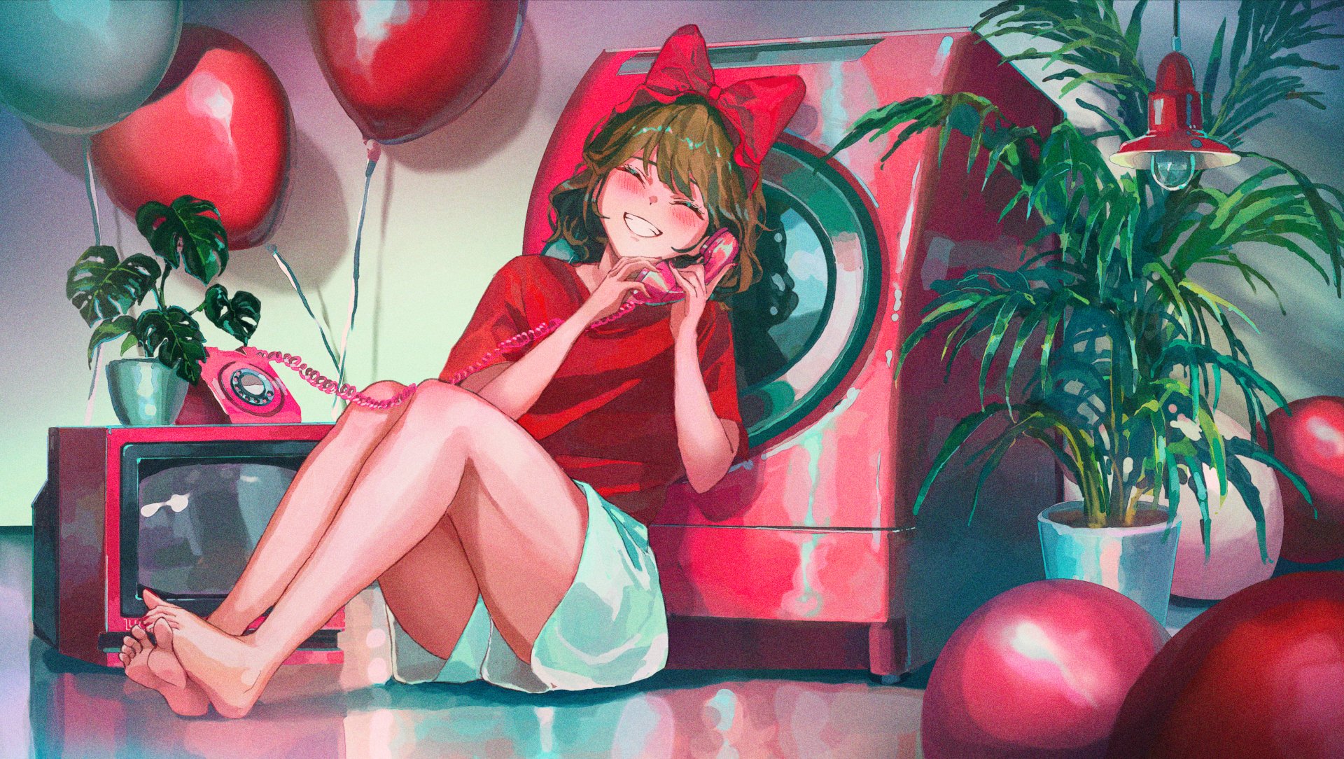 Anime girl with a bright red bow, sitting barefoot near a red washing machine surrounded by plants and heart-shaped balloons. 4K Ultra HD PC desktop wallpaper.