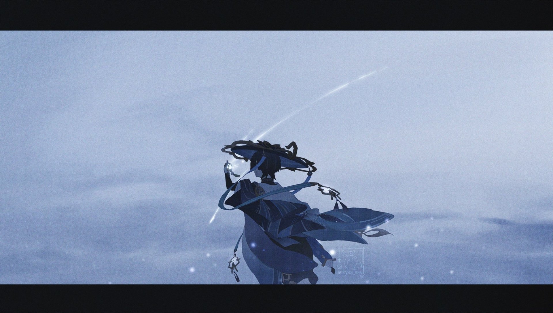 HD desktop wallpaper of Scaramouche from Genshin Impact, featuring the character in dark attire against a misty, ethereal background.