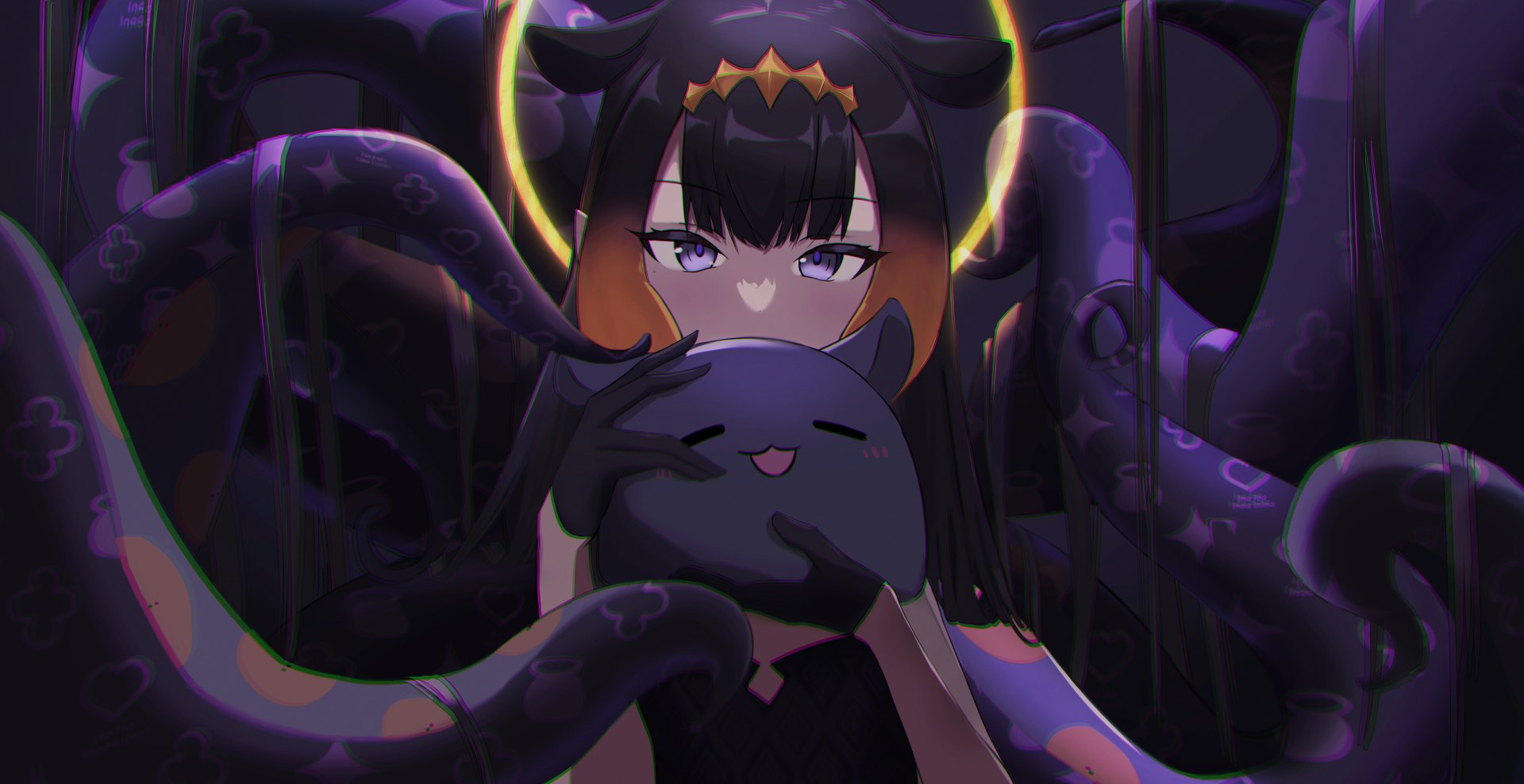 4K Ultra HD anime wallpaper featuring Ninomae Ina'nis, the Virtual YouTuber from hololive, surrounded by dark tentacles in a mysterious, atmospheric setting.