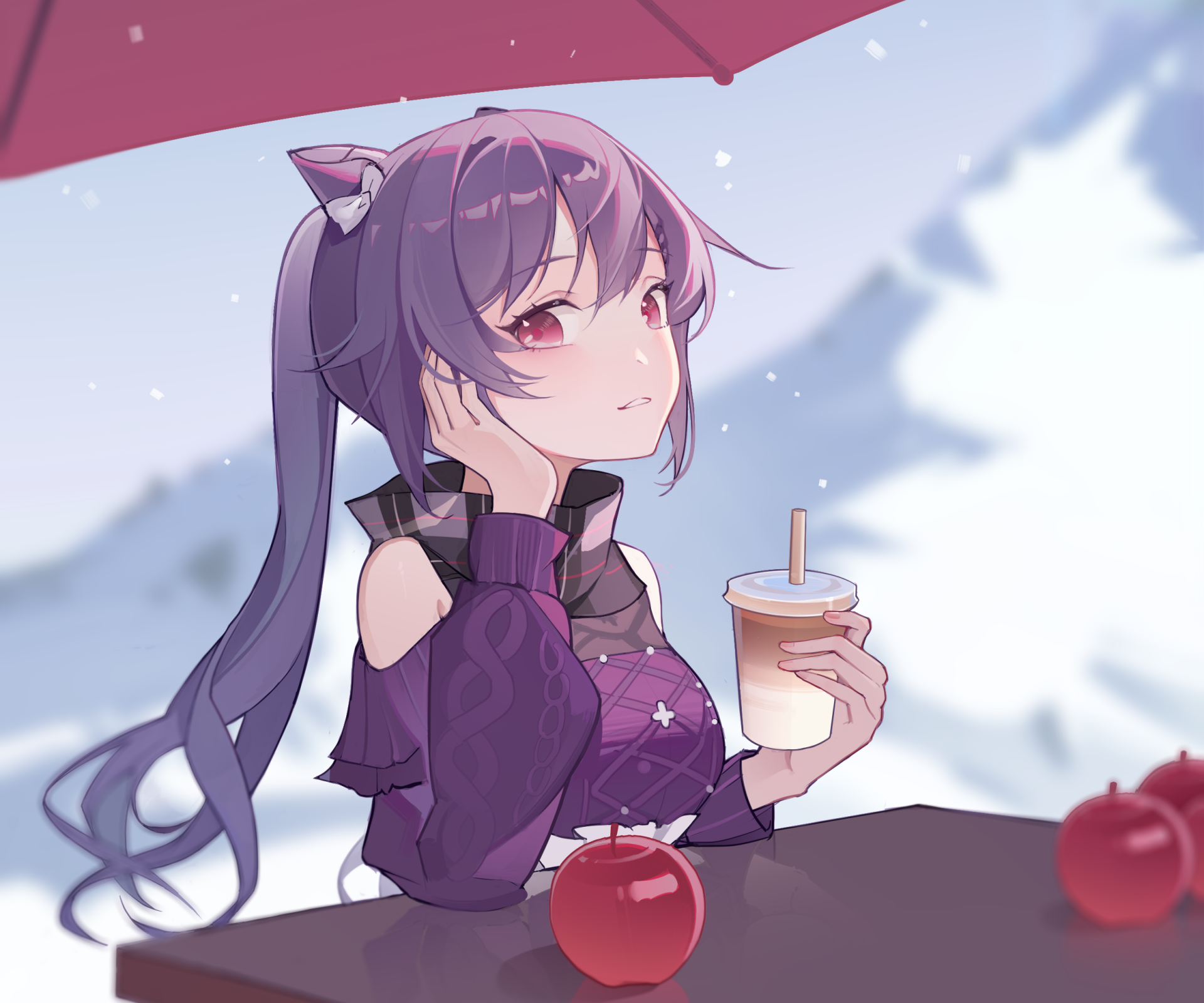 HD PC desktop wallpaper featuring Keqing from Genshin Impact, showcasing her with purple hair and outfit, holding a drink against a serene outdoor background.