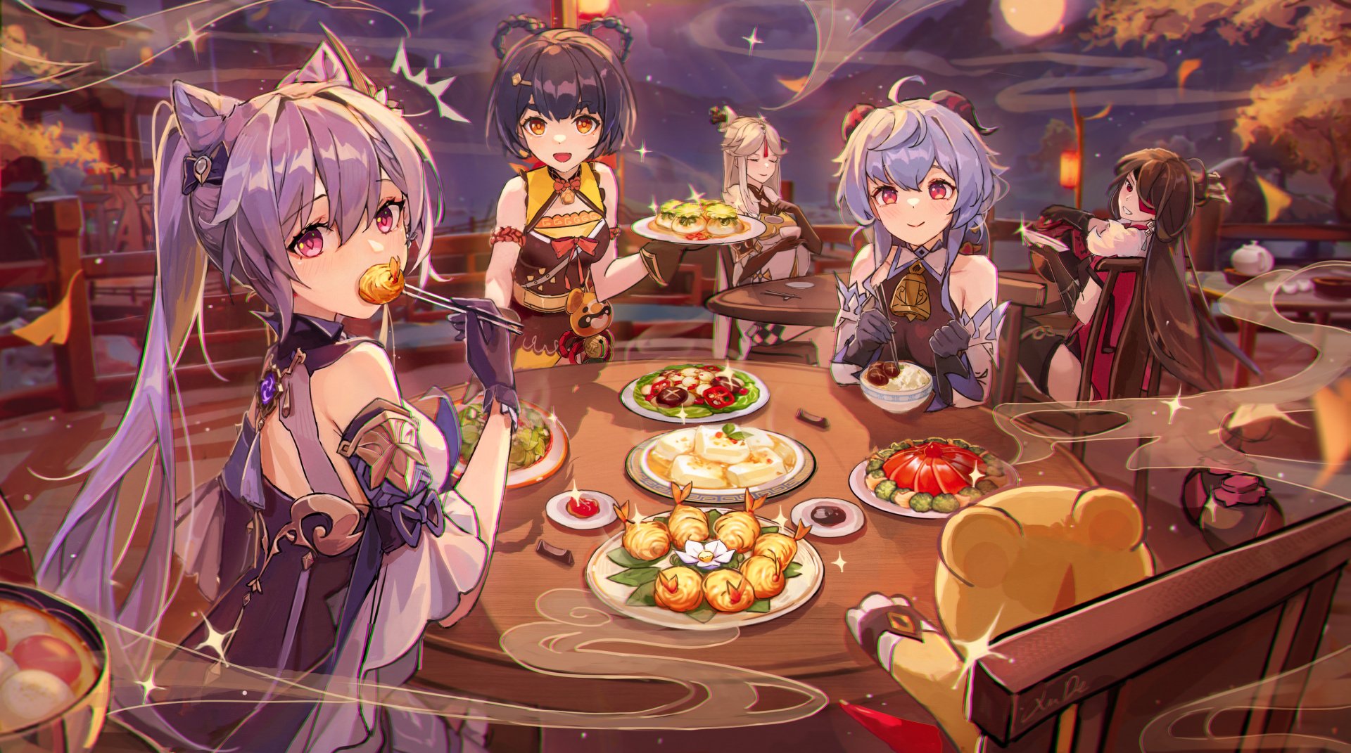 4K Ultra HD desktop wallpaper featuring Beidou, Ganyu, Ningguang, Xiangling, and Keqing from the video game Genshin Impact enjoying a feast together.
