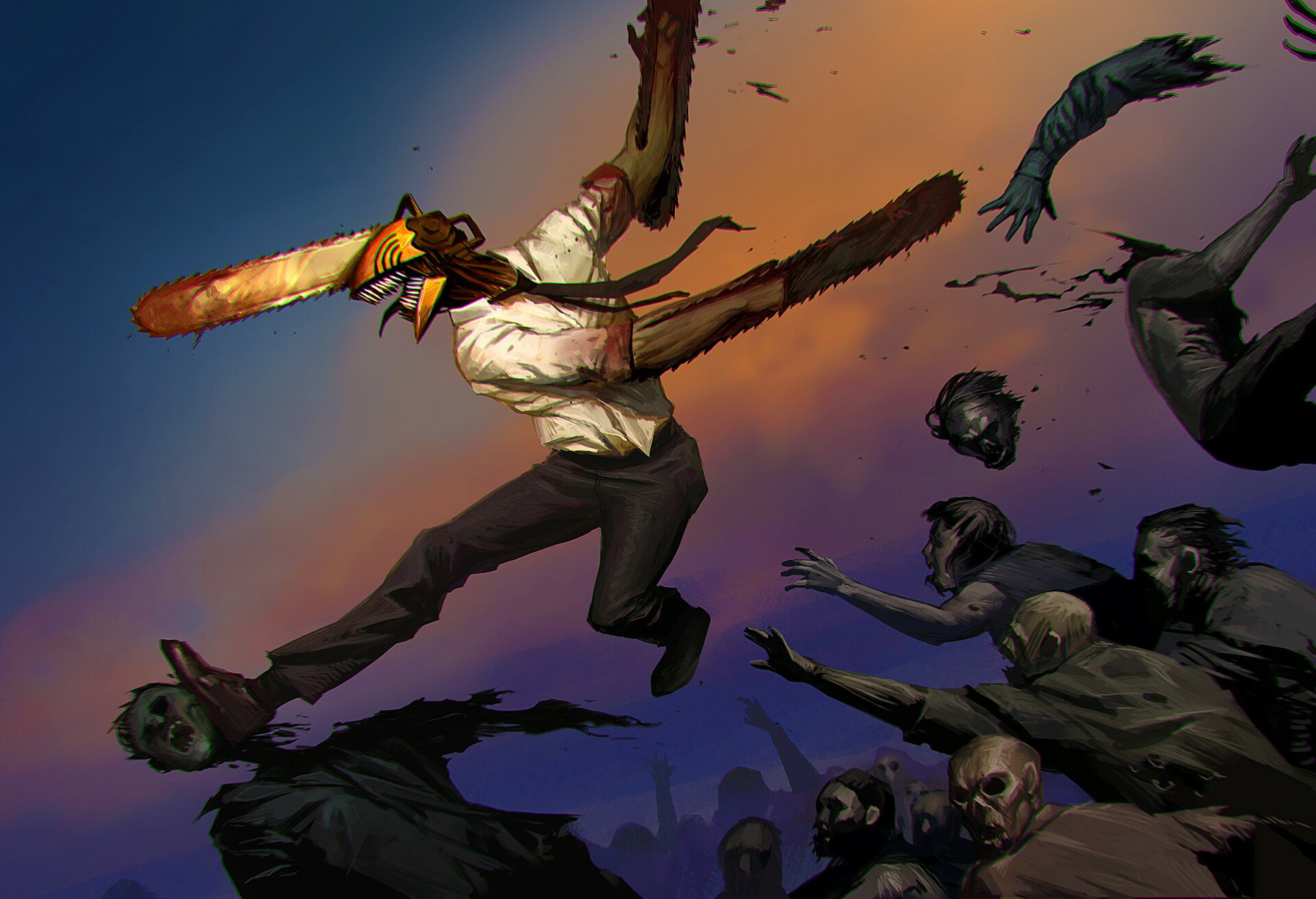 HD PC desktop wallpaper featuring Chainsaw Man anime character wielding chainsaws, mid-air action scene against a darkening sky with shadowy figures below.