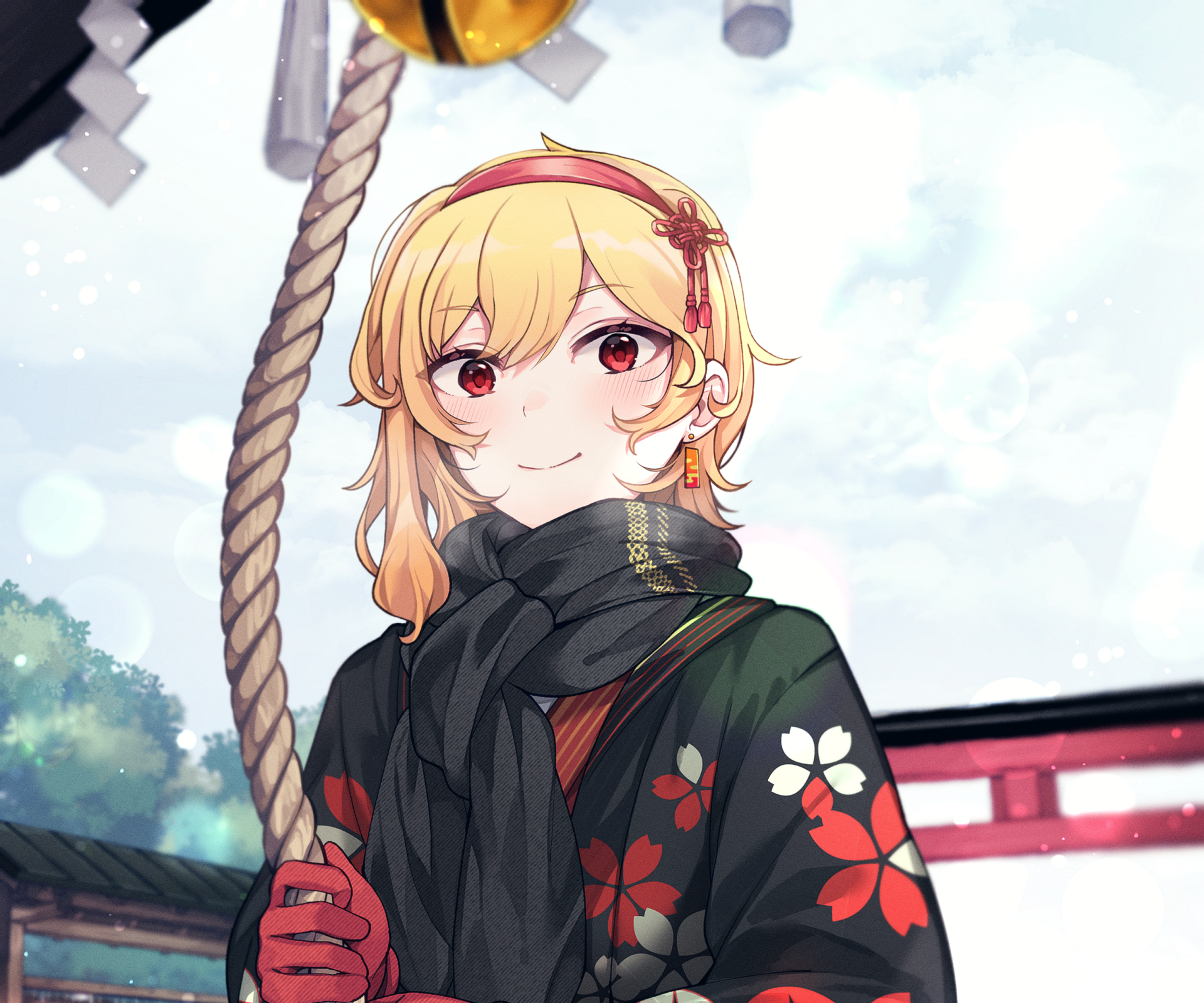 HD PC desktop wallpaper/background of hololive VTuber Kaela Kovalskia: anime portrait with blond hair, red eyes, floral kimono and black scarf before a snowy torii gate.