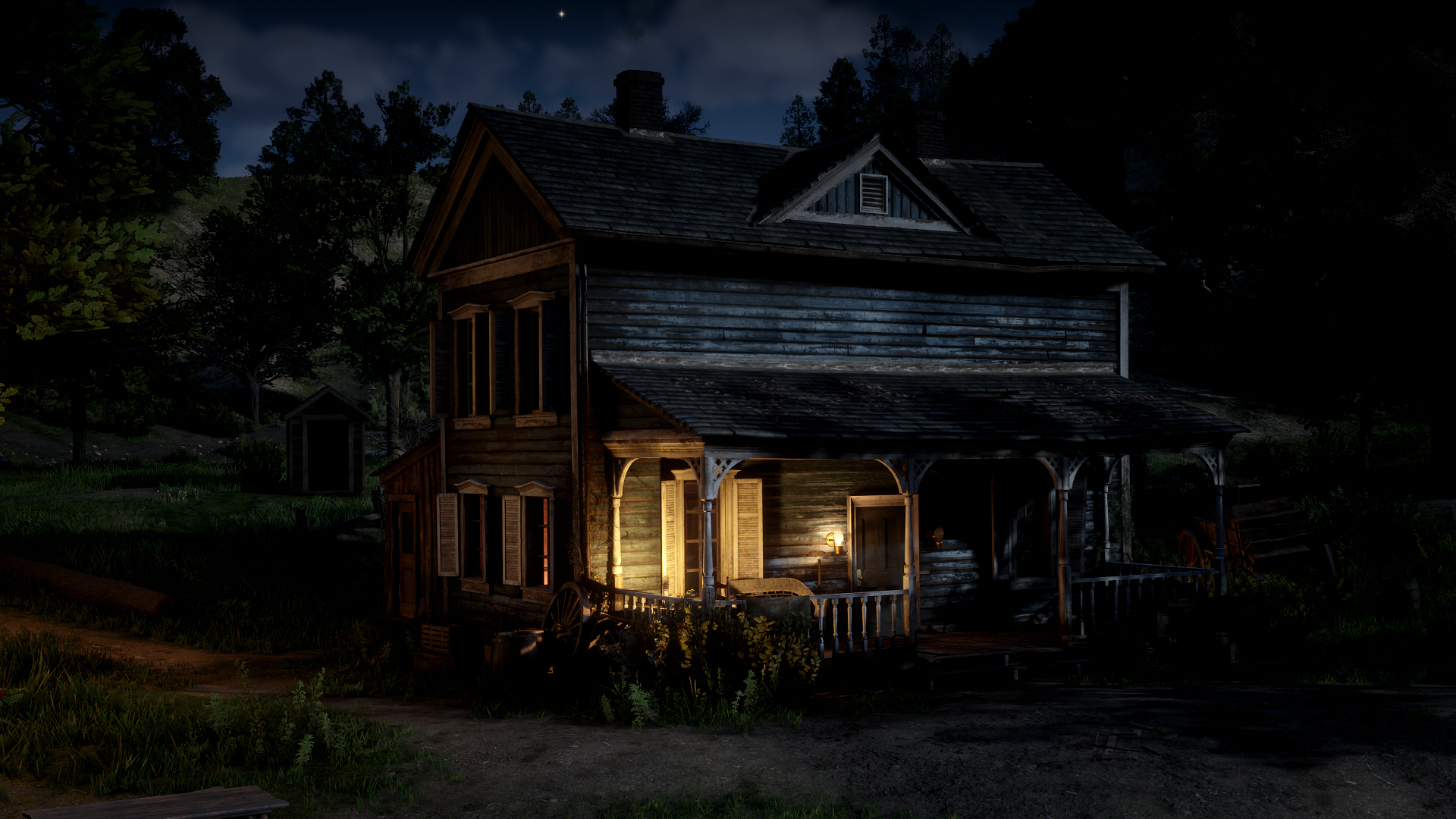 Night scene of a wooden house from Red Dead Redemption 2, rendered in HD for a PC desktop wallpaper and background.