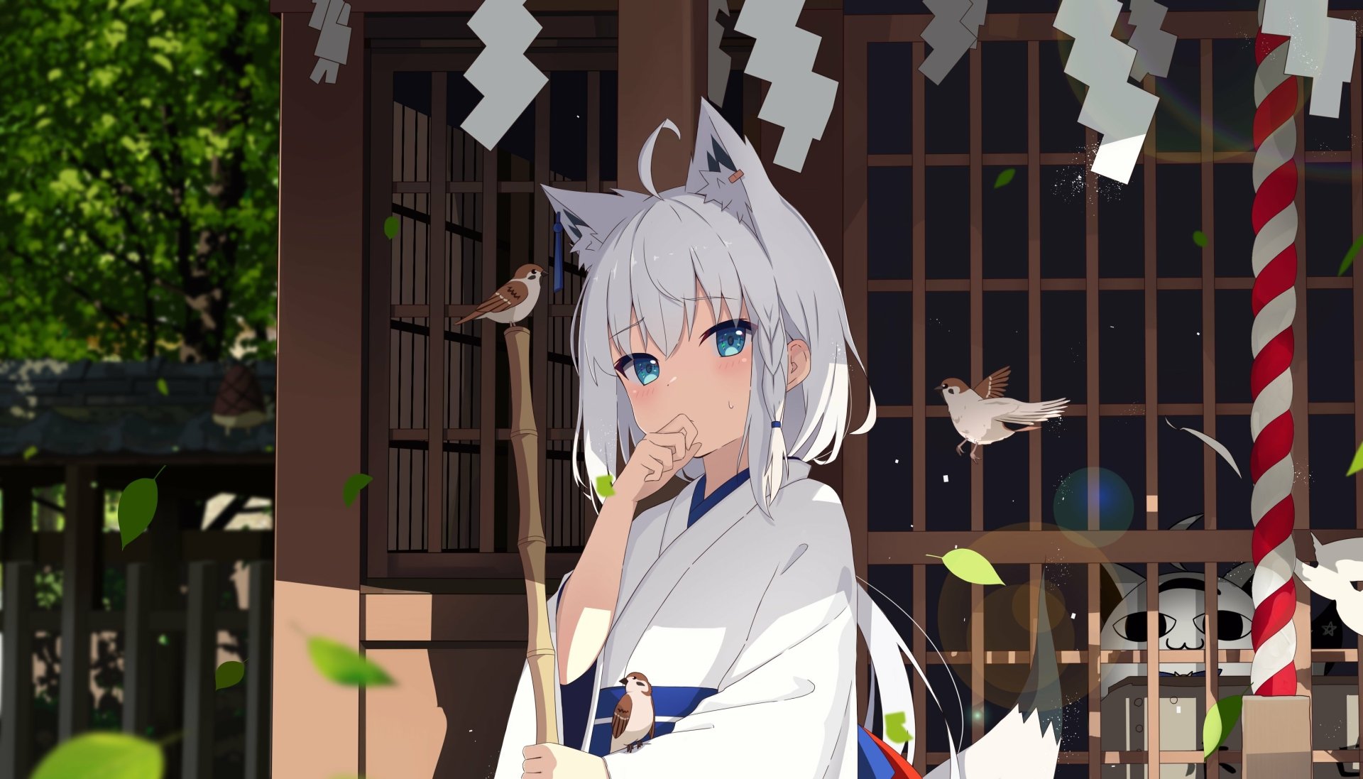 HD anime desktop wallpaper featuring Shirakami Fubuki, the virtual YouTuber from hololive, depicted with white hair and fox ears in a traditional shrine setting.