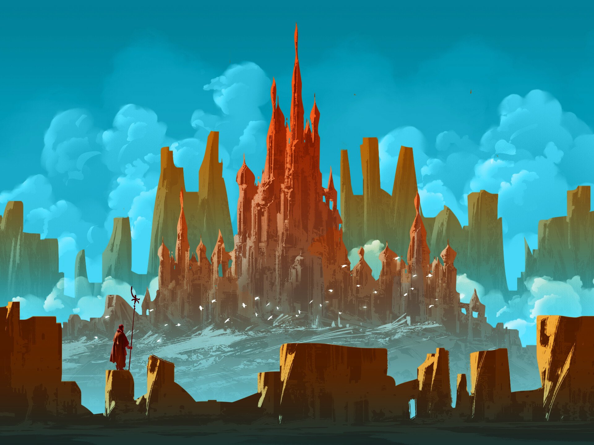 HD PC desktop wallpaper and background of a fantasy city: towering crimson spires rising from a rocky island beneath teal skies, ringed by jagged cliffs.