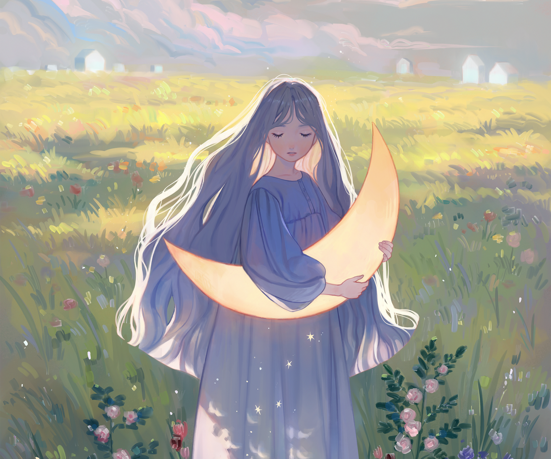 HD anime desktop wallpaper featuring a serene anime girl with long flowing hair holding a crescent moon, set against a bright, flower-filled meadow background.