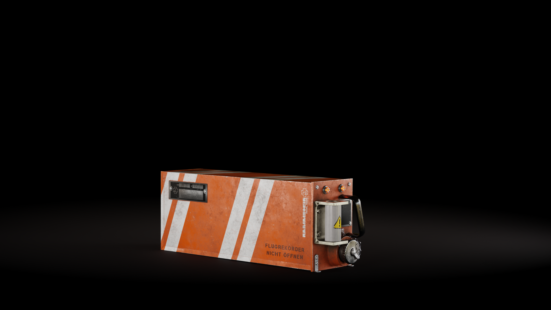 Orange industrial audio/tech module with white diagonal stripes and control knob on a dark field — Rammstein 2K Quad HD PC wallpaper.
