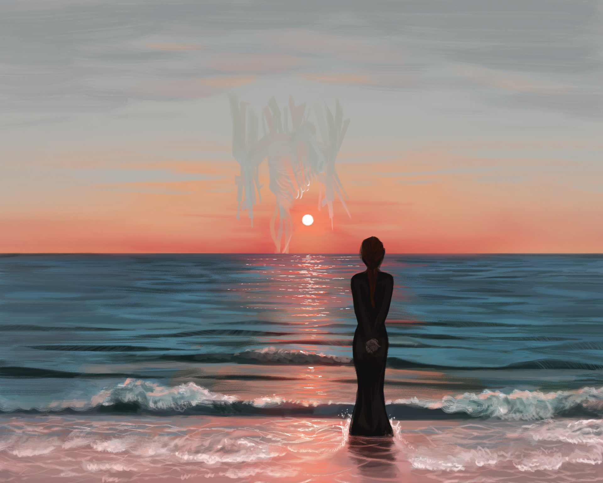 HD anime desktop wallpaper featuring Makima from Chainsaw Man standing at the ocean shore during a vibrant sunset.