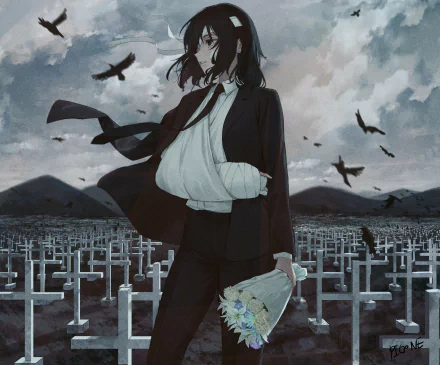 Himeno from Chainsaw Man stands amidst a vast graveyard under a cloudy sky, holding flowers with birds flying overhead in this 4K Ultra HD anime desktop wallpaper.