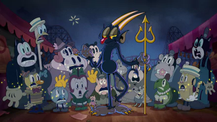 HD PC desktop wallpaper background of The Cuphead Show! TV show: nighttime carnival where a devilish figure holds a trident while rubber‑hose style cartoon characters watch.