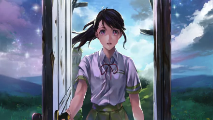 Suzume Iwato (Suzume no Tojimari) in school uniform stands in an open doorway beneath a vivid sky — 4K Ultra HD anime PC desktop wallpaper.