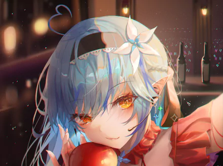 Close-up anime portrait of hololive virtual YouTuber Yukihana Lamy with icy blue hair, golden eyes and floral hairpin — 2K Quad HD PC desktop wallpaper.