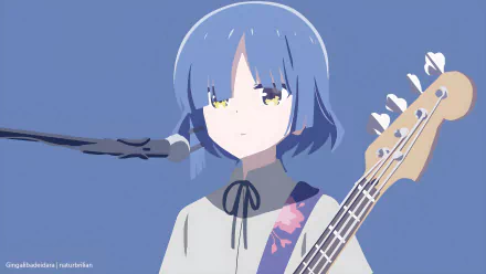 Ryou Yamada from Bocchi the Rock! illustrated in a vibrant 4K Ultra HD anime-style wallpaper, featuring her with a bass guitar and microphone.