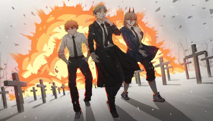 Anime wallpaper in 4K Ultra HD featuring Denji, Power, and Hirokazu Arai from Chainsaw Man walking confidently with a fiery explosion in the background.