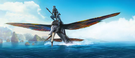 8K Ultra HD desktop wallpaper featuring a scene from the movie Avatar: The Way of Water, showing a character riding a flying creature over the ocean.