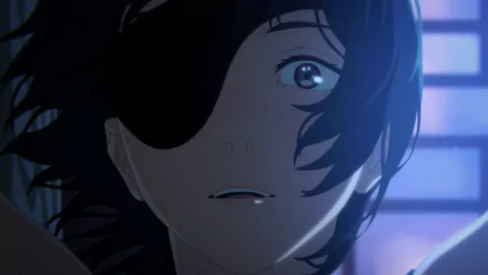 Himeno (Chainsaw Man) anime HD PC desktop wallpaper/background — close-up of her eyepatch-clad face, soft cool blue lighting and reflective eyes.