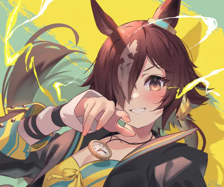 4K Ultra HD PC desktop wallpaper of Vodka (Uma Musume) from Uma Musume: Pretty Derby — anime close-up with pocket-watch necklace, playful grin and outstretched hand on a bright yellow backdrop.