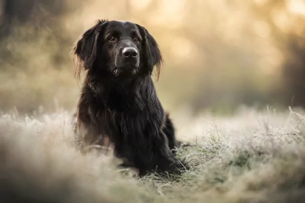 A black dog calmly lying in a soft-focus natural setting, captured in 4K Ultra HD for a detailed PC desktop wallpaper background.