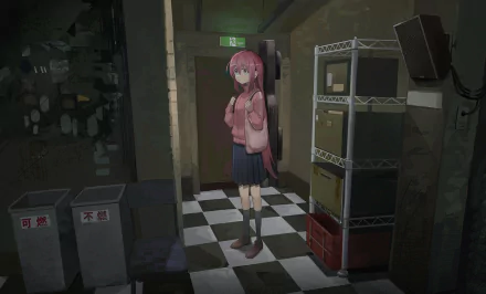 Hitori Gotou from the anime Bocchi the Rock! stands in a dimly lit, cluttered room. This HD PC desktop wallpaper features detailed shadows and muted colors.